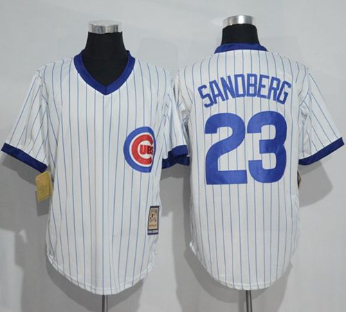 Cubs #23 Ryne Sandberg White Strip Home Cooperstown Stitched MLB Jersey - Click Image to Close